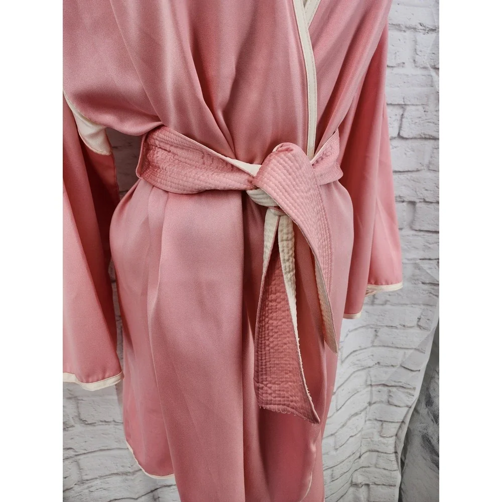 Vintage Saks Satin Robe Glam Boxing Short Belted Glam Lily Floral Made USA Pink